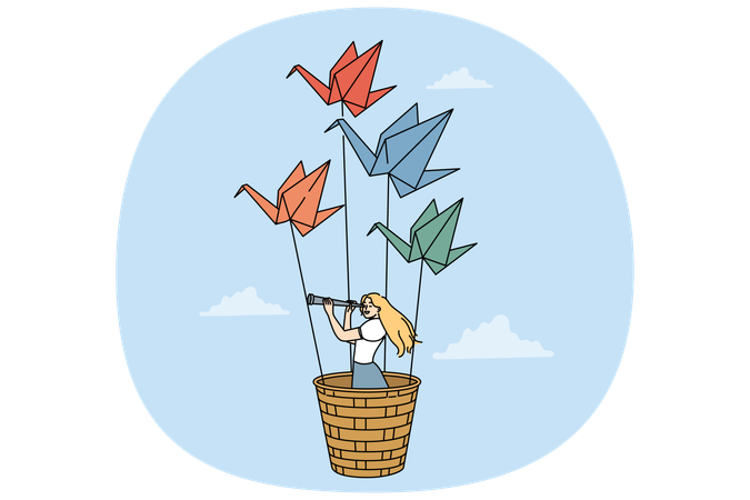 Mulher viaja voando em cesta de cisnes de origami  Ilustração