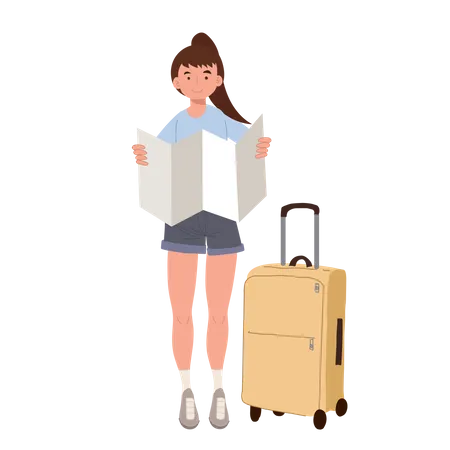Turismo Concept Adventure Tourism Female Viajante Com Bagagem Esta Usando Um Mapa Ilustracao Vetorial De Personagem De Desenho Animado Plano Ilustração