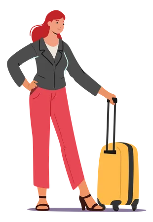Viajante feminina em pé com bagagem  Ilustração