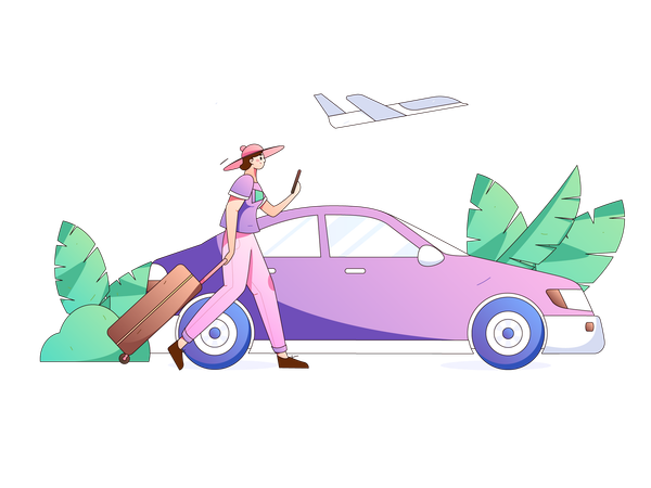 Viajante feminina encontrando carro no aeroporto usando celular  Ilustração