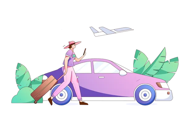 Viajante feminina encontrando carro no aeroporto usando celular  Ilustração