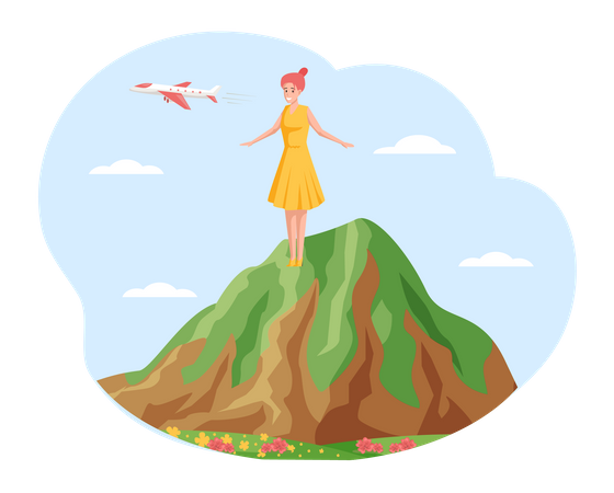Viajante feminina fica no topo da montanha  Ilustração
