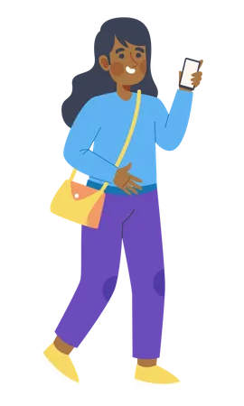 Viajante feminina segurando celular  Ilustração