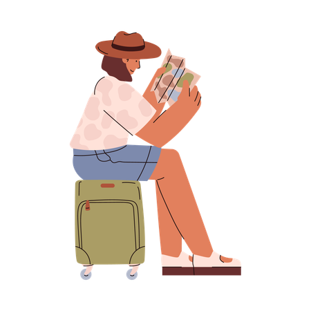 Viajante feminina senta-se na mala e estuda o mapa  Ilustração