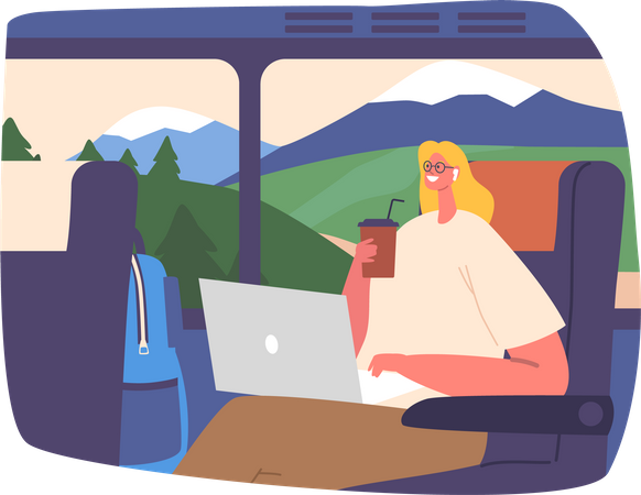 Mulher viajando usa laptop em um ônibus  Ilustração