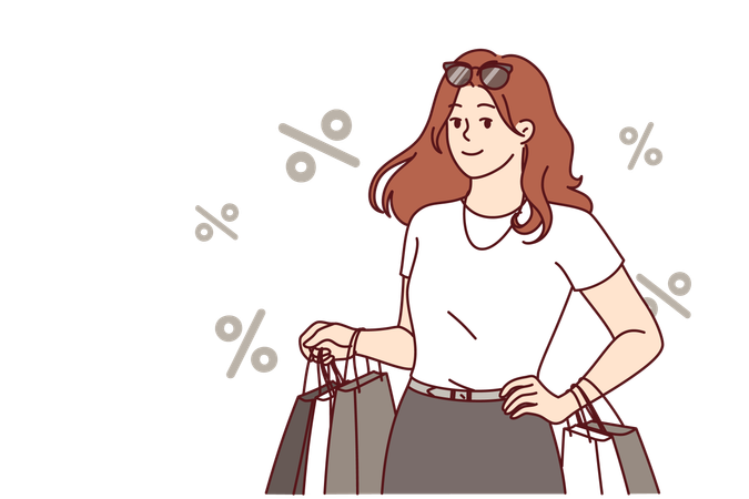 Mulher viciada em compras retorna da loja com sacolas  Ilustração