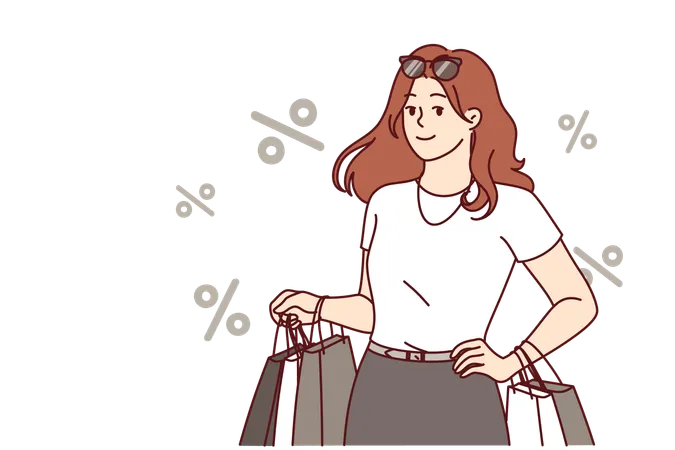 Mulher viciada em compras retorna da loja com sacolas  Ilustração