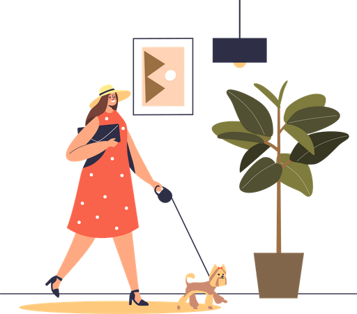 Visitante de mulher com cachorro andando no saguão do hotel  Ilustração