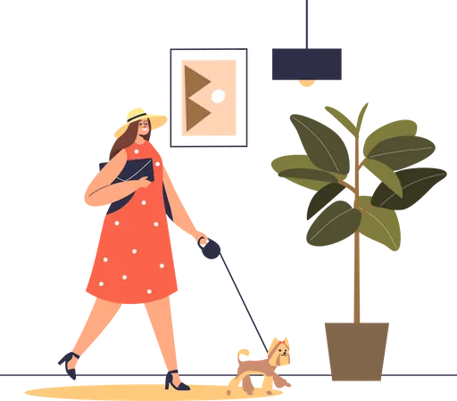 Visitante de mulher com cachorro andando no saguão do hotel  Ilustração