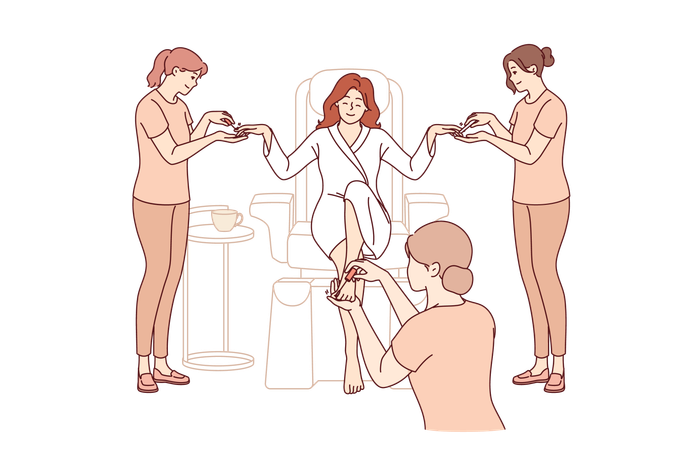 Visitante de salão de SPA faz manicure e pedicure ao mesmo tempo para se preparar para festa ou encontro  Ilustração
