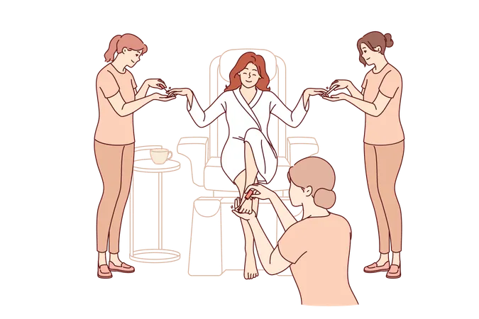 Visitante de salão de SPA faz manicure e pedicure ao mesmo tempo para se preparar para festa ou encontro  Ilustração