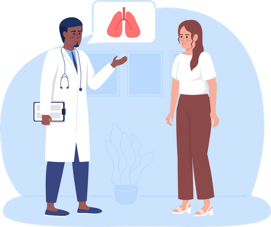 Mulher visitando médico para exame pulmonar  Ilustração