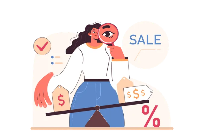 Mulher visualizando a oferta de compras à venda  Ilustração