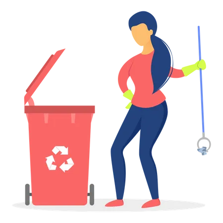 Mulher voluntária recolhendo e separando lixo de papel e plástico  Ilustração