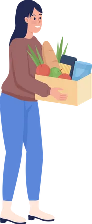 Voluntária feminina com caixa de ajuda humanitária  Ilustração