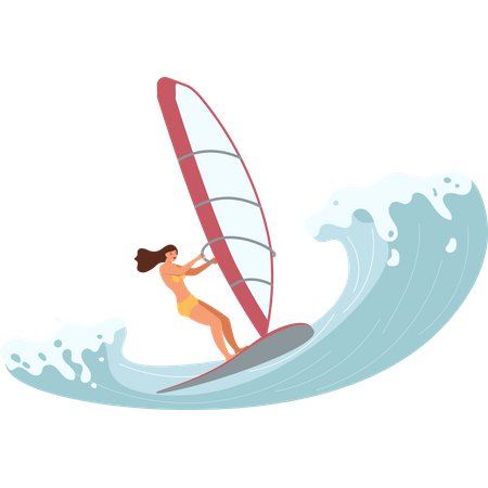 Windsurfista feminina surfa na Barreled Rushing Wave  Ilustração