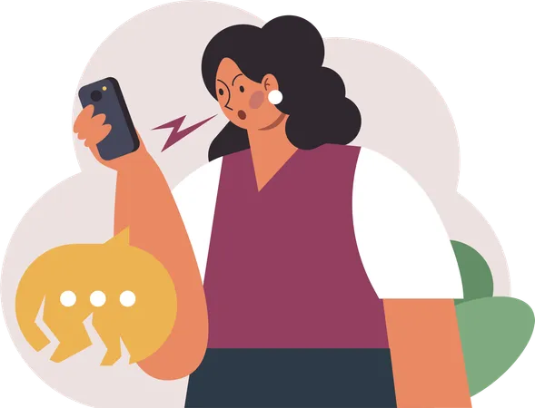 Mulher irritada olhando para celular  Ilustração