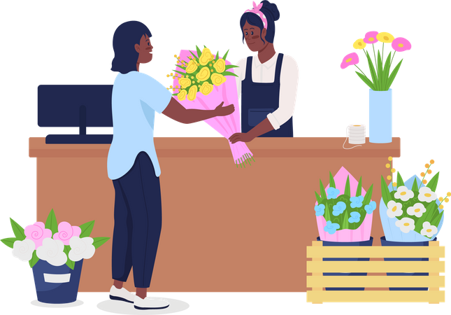 Mulheres afro-americanas comprando e vendendo flores  Ilustração