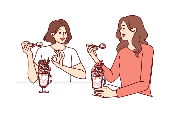 Mulheres almoçando sentadas em restaurante comendo milk-shake e discutindo vidas pessoais  Ilustração