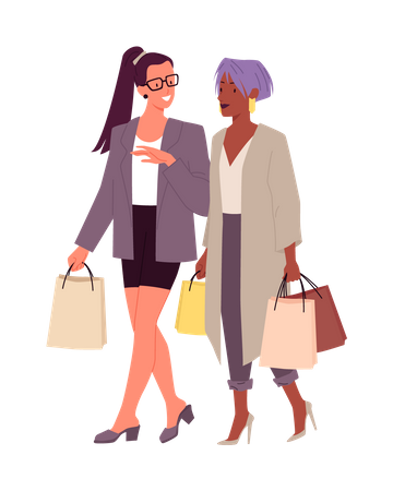 Mulheres andando com sacolas de compras  Ilustração