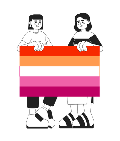 Mulheres atraentes seguram bandeira do orgulho lésbico  Ilustração