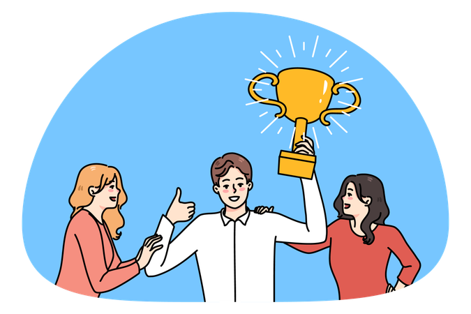 Mulheres atraídas por homem bem-sucedido com troféu nas mãos  Ilustração