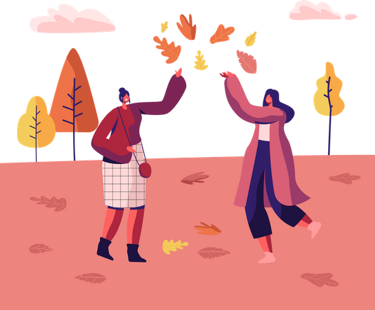 Mulheres brincando com folhas no parque  Ilustração