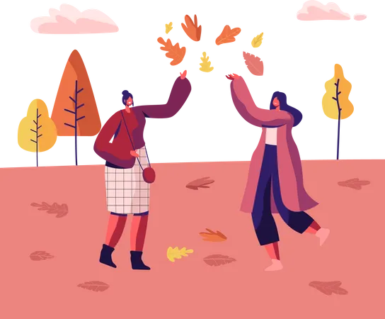 Mulheres brincando com folhas no parque  Ilustração