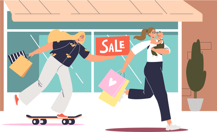 Mulheres correndo para fazer compras em liquidações sazonais  Ilustração