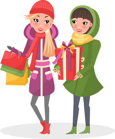 Mulheres com roupas quentes de inverno fazem compras juntas  Ilustração
