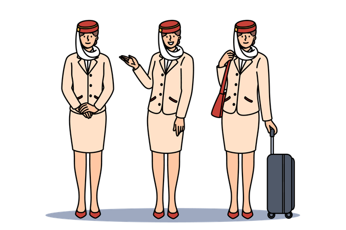 Mulheres comissárias de bordo de companhias aéreas árabes e em uniforme tradicional com chapéu nacional e saia longa  Ilustração