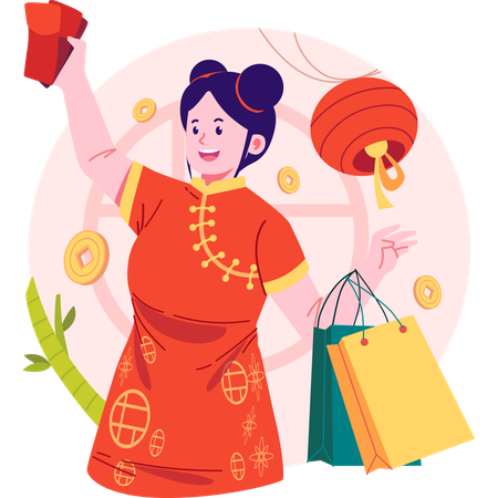 Mulheres fazendo compras durante o Ano Novo Chinês  Ilustração