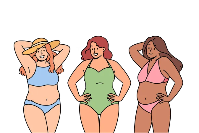 Mulheres positivas para o corpo em trajes de banho sorriem e pedem para abandonar as opiniões estereotipadas e a vergonha do corpo  Ilustração