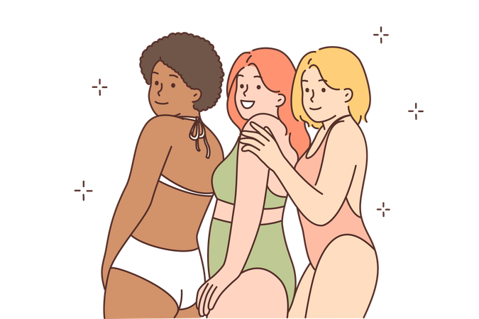Mulheres amigáveis multirraciais em biquínis  Ilustração