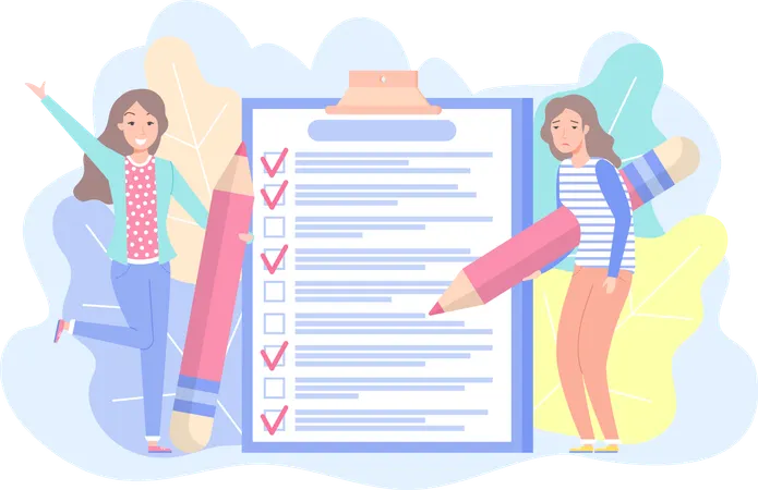 Mulheres de negócios positivas e negativas com lápis gigantes próximos à lista de verificação marcada em papel prancheta  Ilustração
