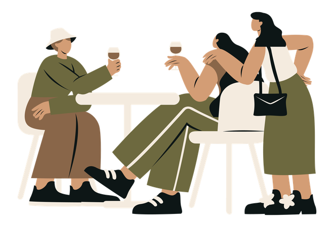 Mulheres e amigos conversam sentados à mesa  Ilustração