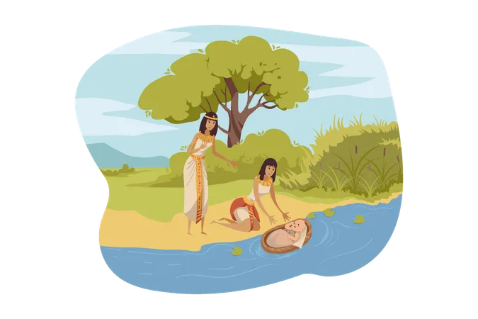 Mulheres egípcias encontram Moisés no rio  Ilustração