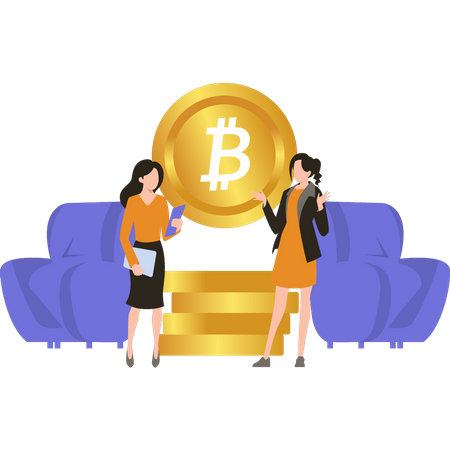 Mulheres de negócios discutindo sobre bitcoin  Ilustração