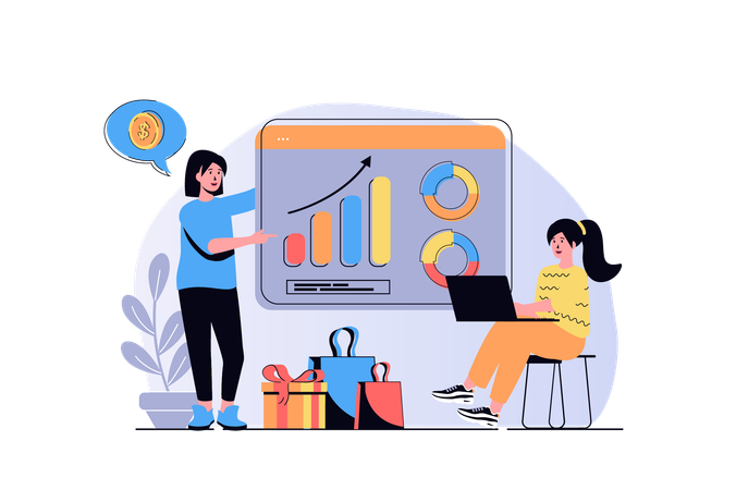 Mulheres fazendo análise de gráficos financeiros  Ilustração