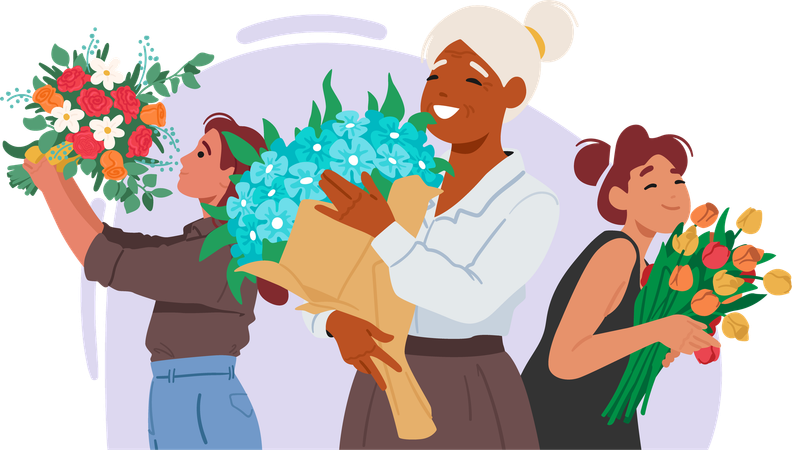 Mulheres felizes e positivas de diferentes idades e etnias com composição floral nas mãos  Ilustração