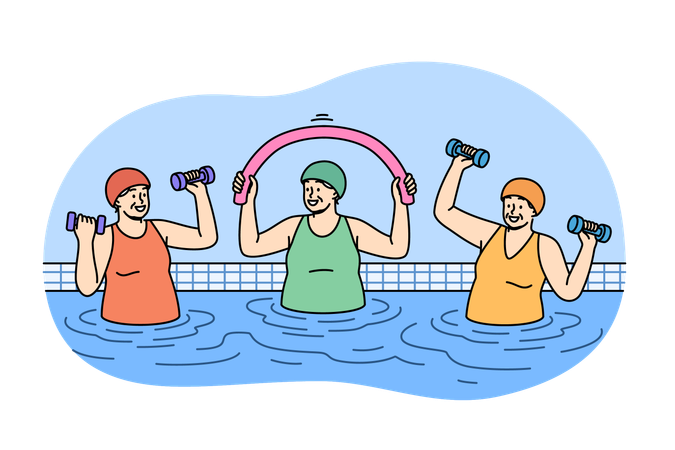 Mulheres idosas malhando na piscina fazendo ginástica aquática e levantando halteres para melhorar a saúde  Ilustração