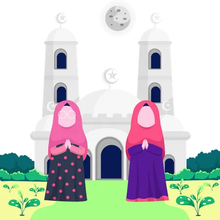 Mulheres islâmicas rezando em uma mesquita  Ilustração