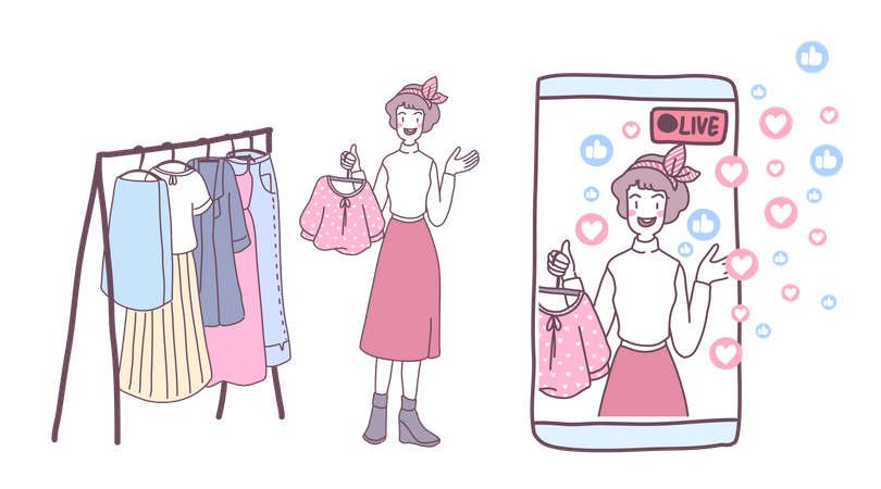 Mulheres jovens usam smartphone ao vivo para vender roupas  Ilustração