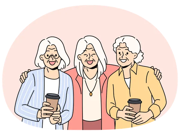 Mulheres maduras sorridentes se abraçam demonstrando união  Ilustração