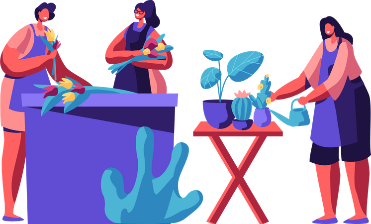 Mulheres mantendo e vendendo flores na floricultura  Ilustração
