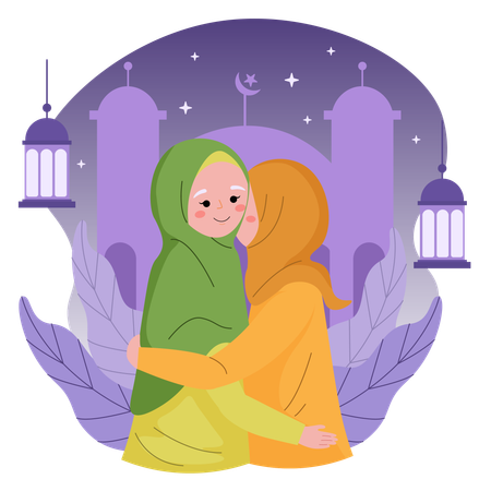 Mulheres muçulmanas abraçando no eid mubarak  Ilustração