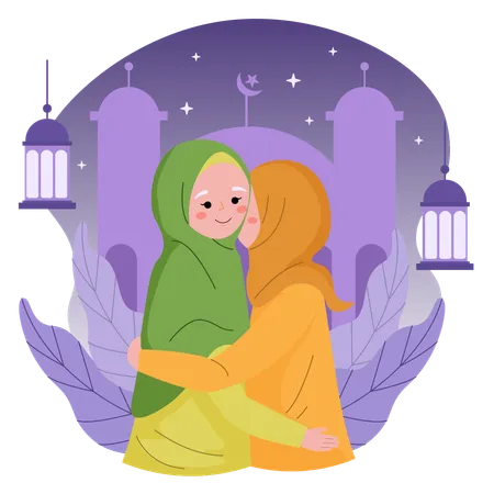 Mulheres muçulmanas abraçando no eid mubarak  Ilustração