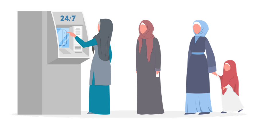 Mulheres muçulmanas na fila do caixa eletrônico  Ilustração
