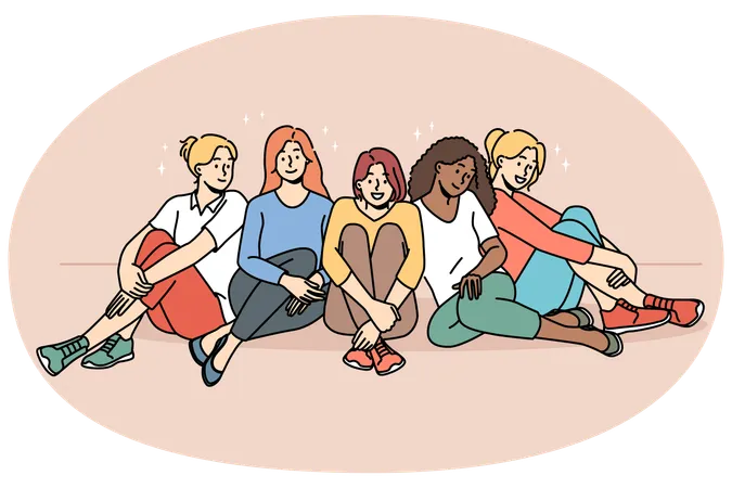 Mulheres multirraciais diversas e felizes sentadas juntas demonstram união e apoio  Ilustração
