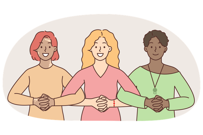 Mulheres multirraciais sorridentes de mãos dadas demonstram união e apoio  Ilustração